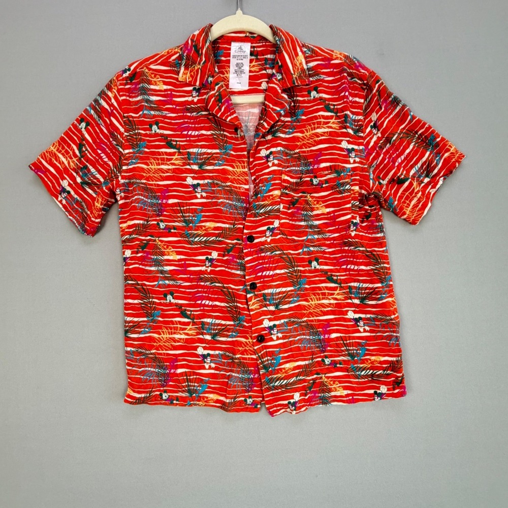 Disney Parks Mickey Mouse Tropical Stripe Button Up Hawaiian Camp Shirt Mens XS